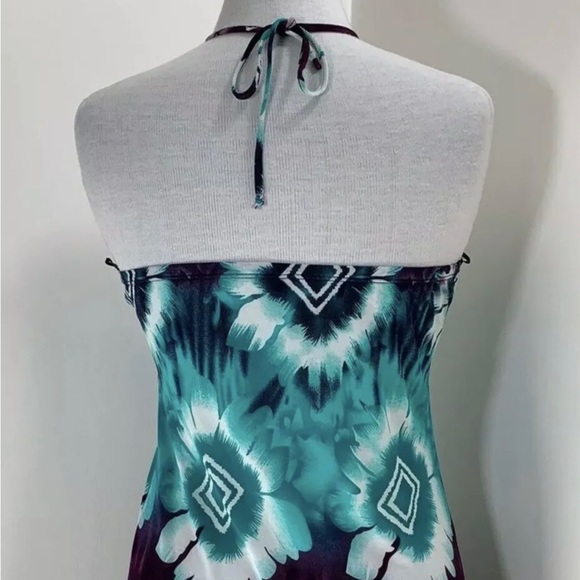 Summer Maxi Dress Bandeau Halter Top Multicoloured Stretch Green Purple L 10-12 - Picture 5 of 8